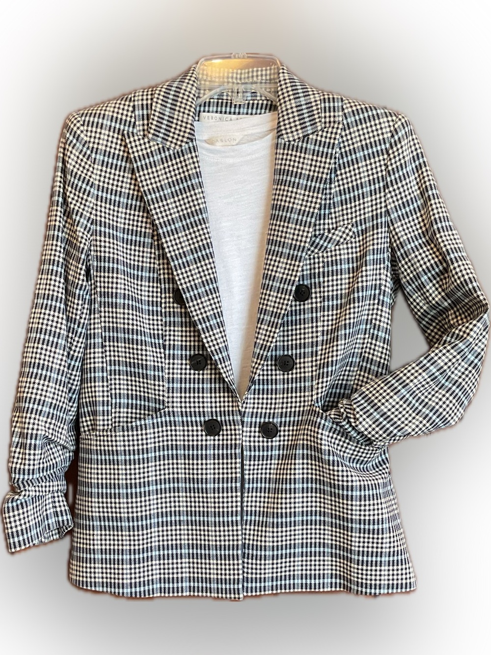 Veronica Beard Double-Breasted Houndstooth Dickey Blazer - Black & White & Blue